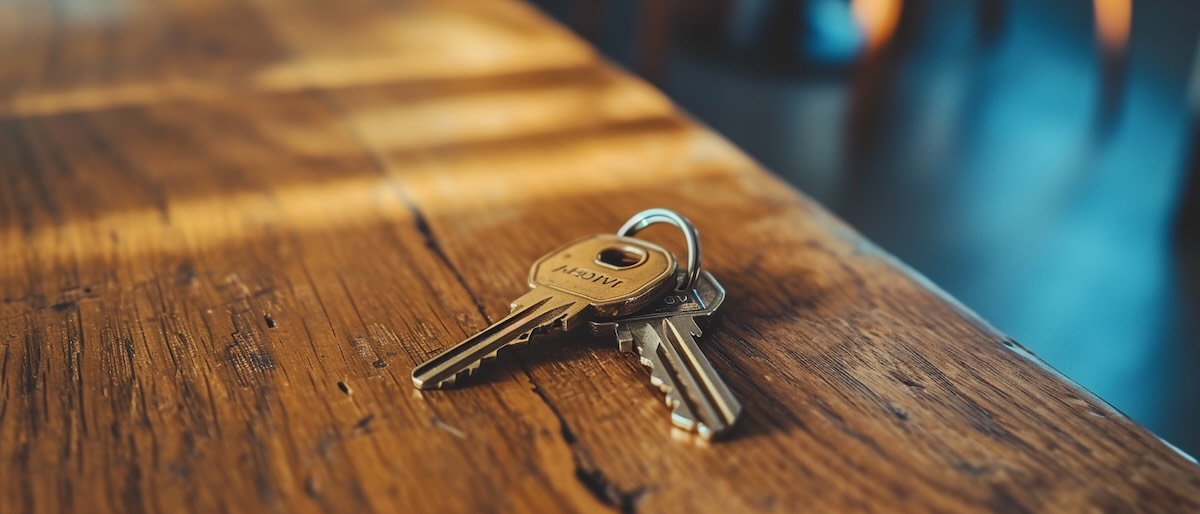 Two keys set on a wooden table