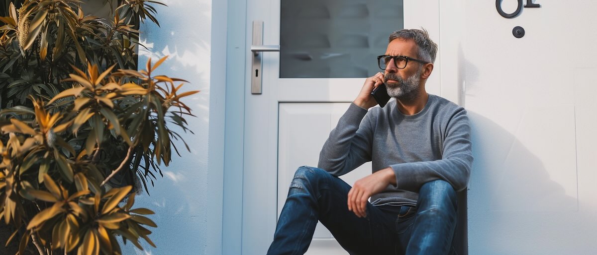 A man sitting out of his locked house, talking on the phone